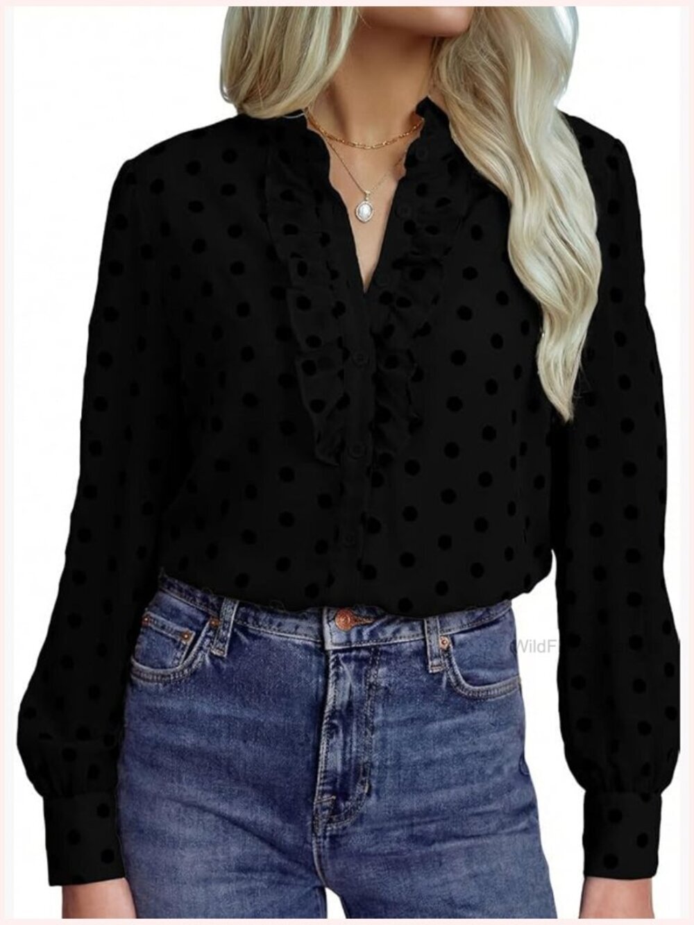 Women's Elegant Polka Dot Button Down Blouse Long Sleeve Mock Neck Ruffle Trim